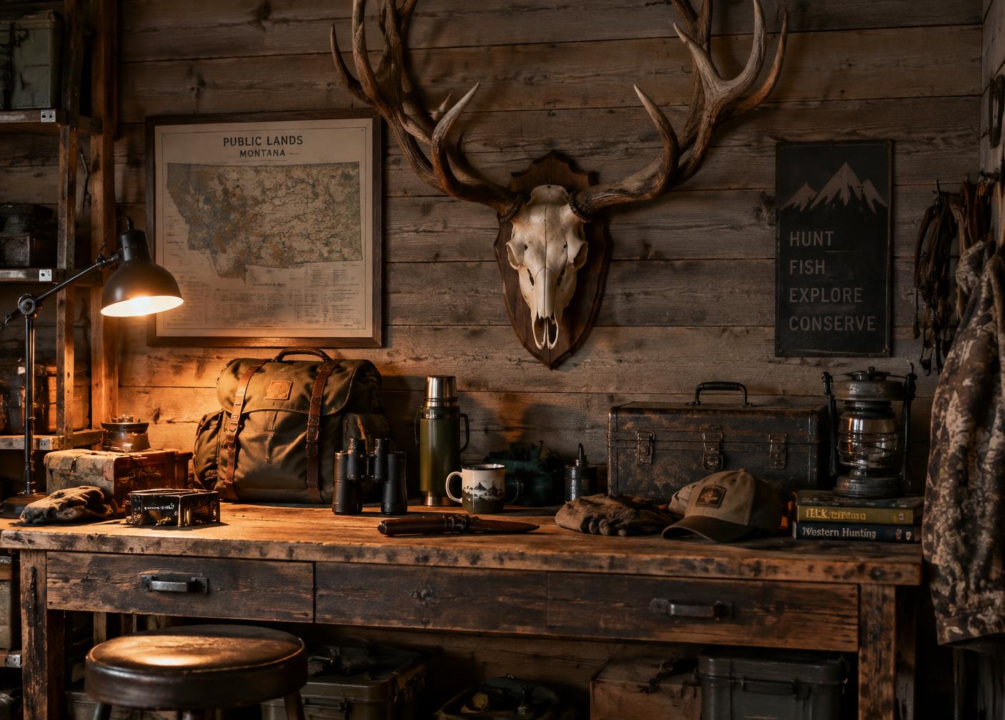 Wooden workbench covered in hunting gear beneath a bull elk mount