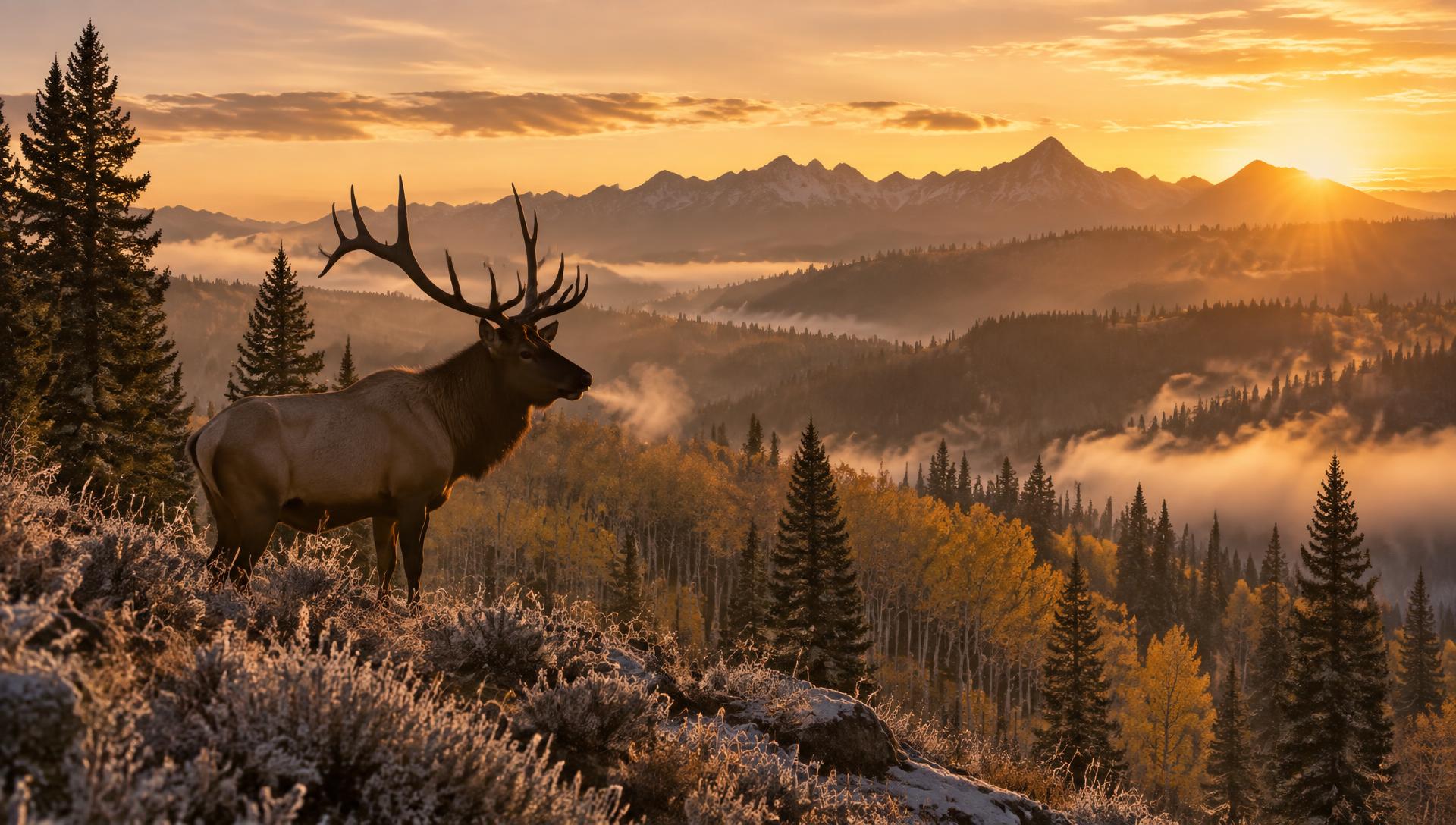 Bull elk on a frosty timbered ridge at first light
